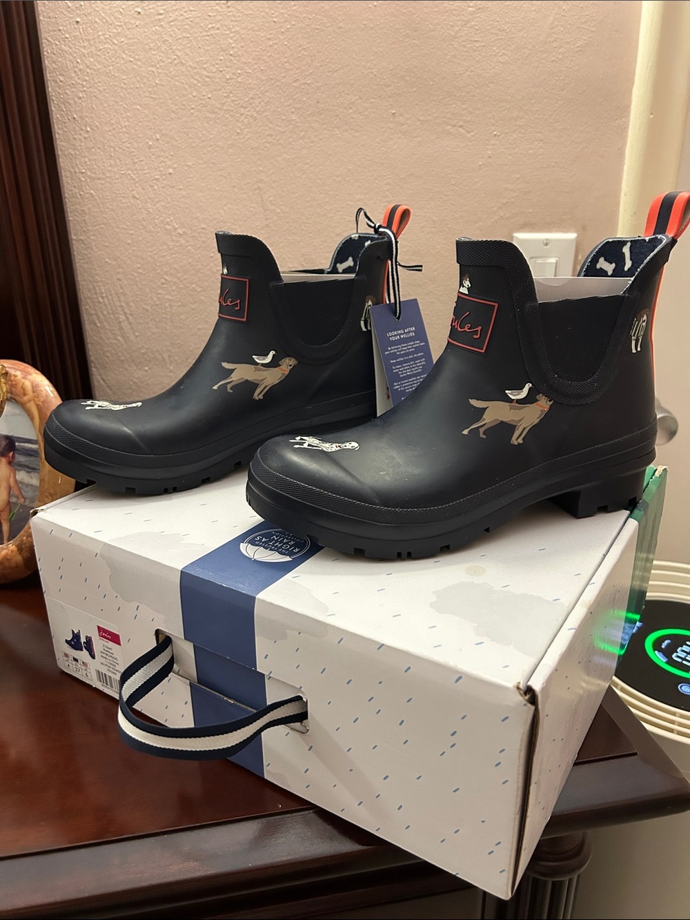 Joules Waterproof Navy Rain Boots with Dog Print Size 6